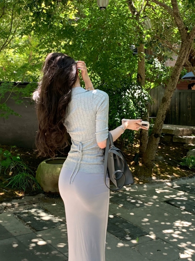 Thin ladies V-neck wears outside France style lapel sweater