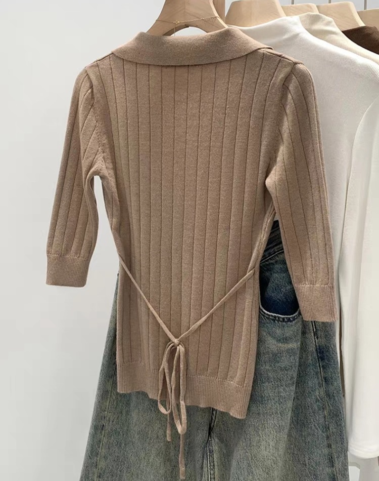 Thin ladies V-neck wears outside France style lapel sweater