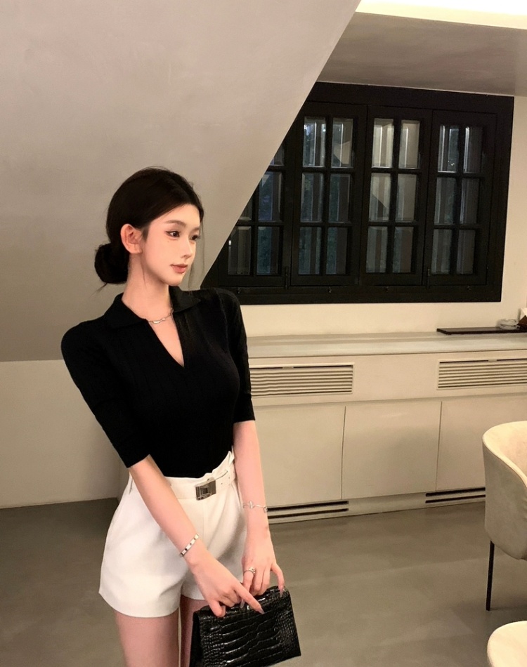 Thin ladies V-neck wears outside France style lapel sweater