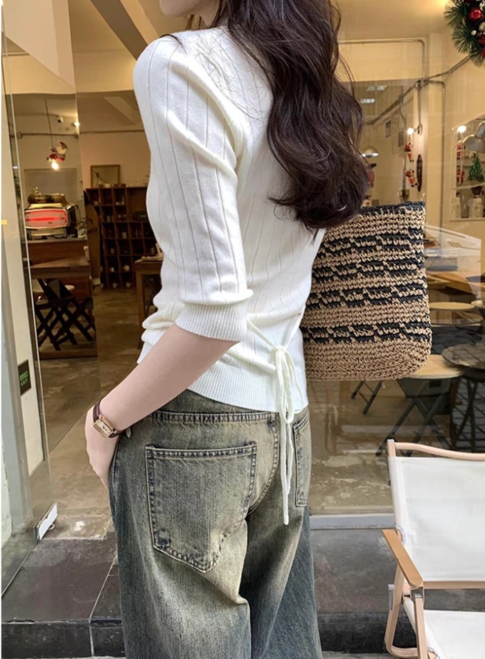 Thin ladies V-neck wears outside France style lapel sweater