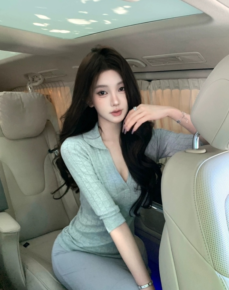 Thin ladies V-neck wears outside France style lapel sweater