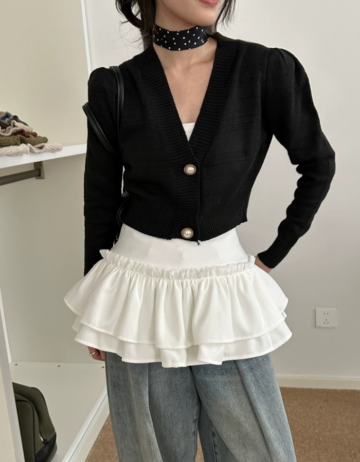 Pearl buckle long sleeve tops V-neck knitted coat for women