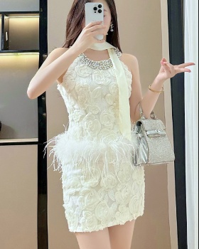 White hollow short skirt beading lace tops 2pcs set
