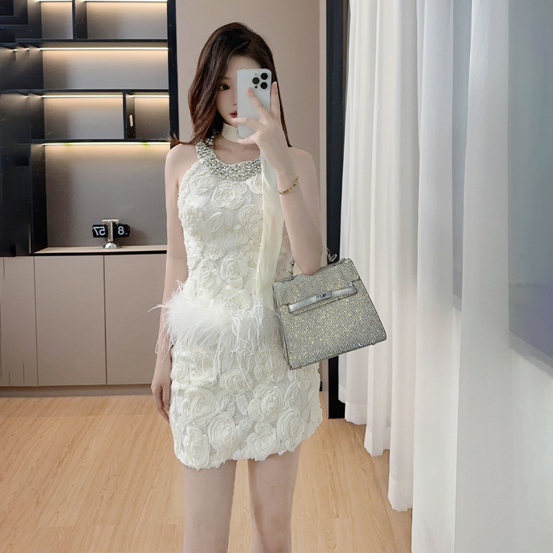 White hollow short skirt beading lace tops 2pcs set