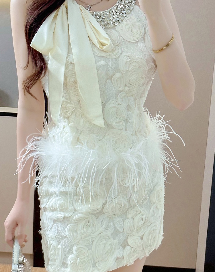 White hollow short skirt beading lace tops 2pcs set