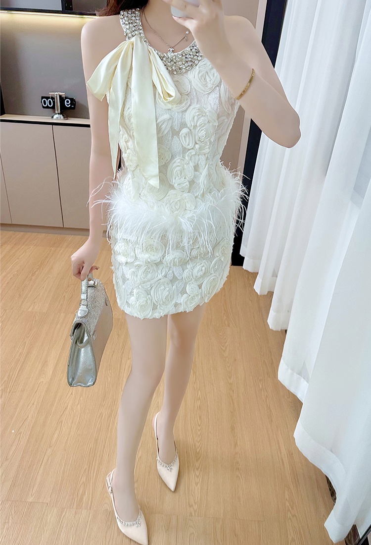 White hollow short skirt beading lace tops 2pcs set