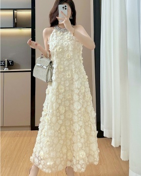 Beading flowers dress halter gauze long dress