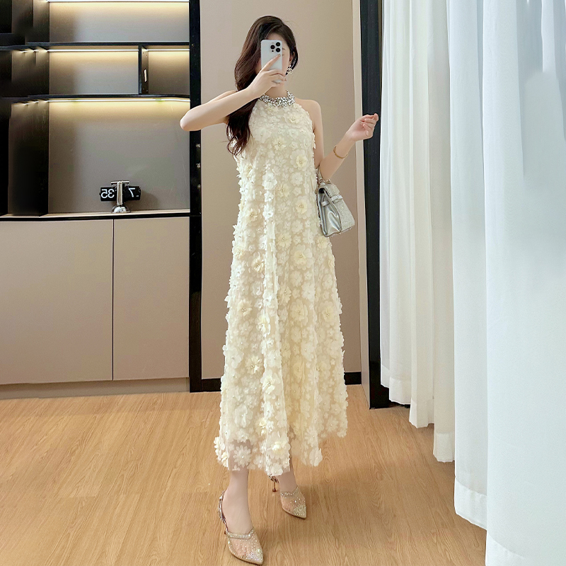 Beading flowers dress halter gauze long dress