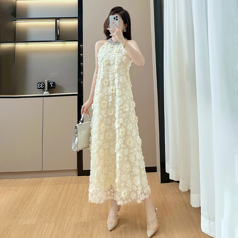 Beading flowers dress halter gauze long dress