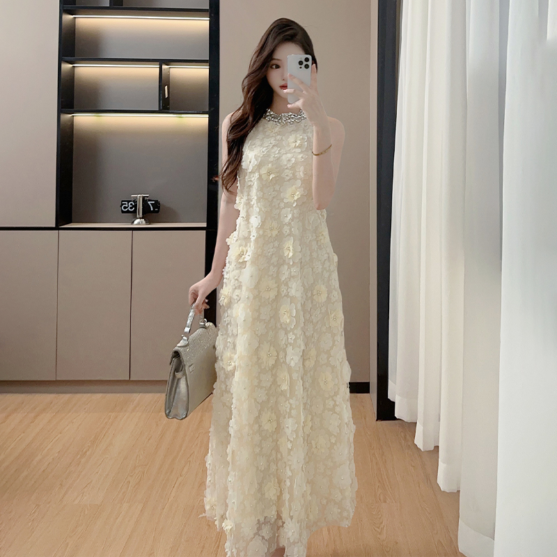 Beading flowers dress halter gauze long dress