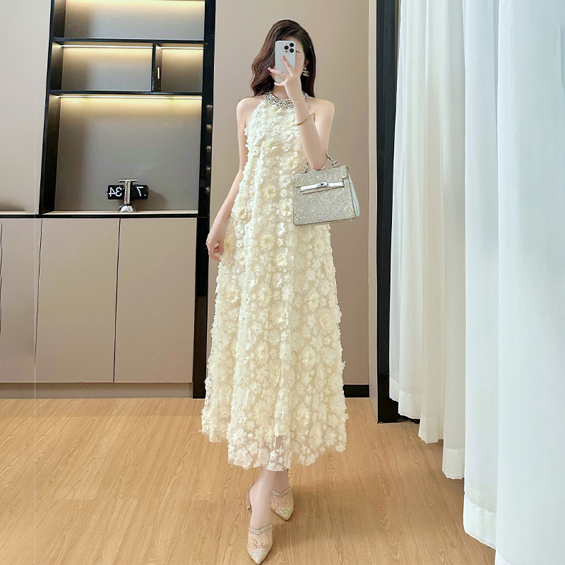 Beading flowers dress halter gauze long dress