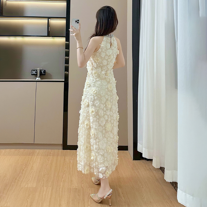 Beading flowers dress halter gauze long dress