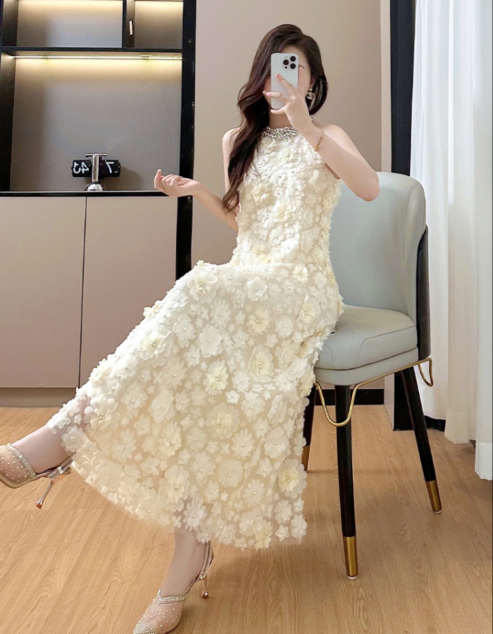 Beading flowers dress halter gauze long dress