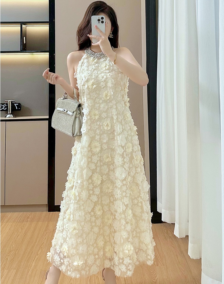 Beading flowers dress halter gauze long dress