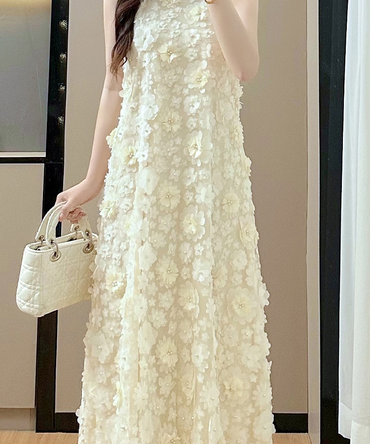 Beading flowers dress halter gauze long dress