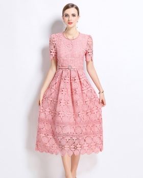 Slim lace hollow long short sleeve dress