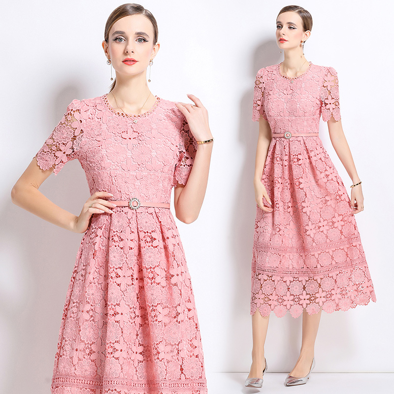 Slim lace hollow long short sleeve dress