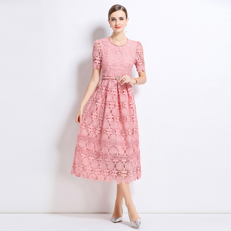 Slim lace hollow long short sleeve dress