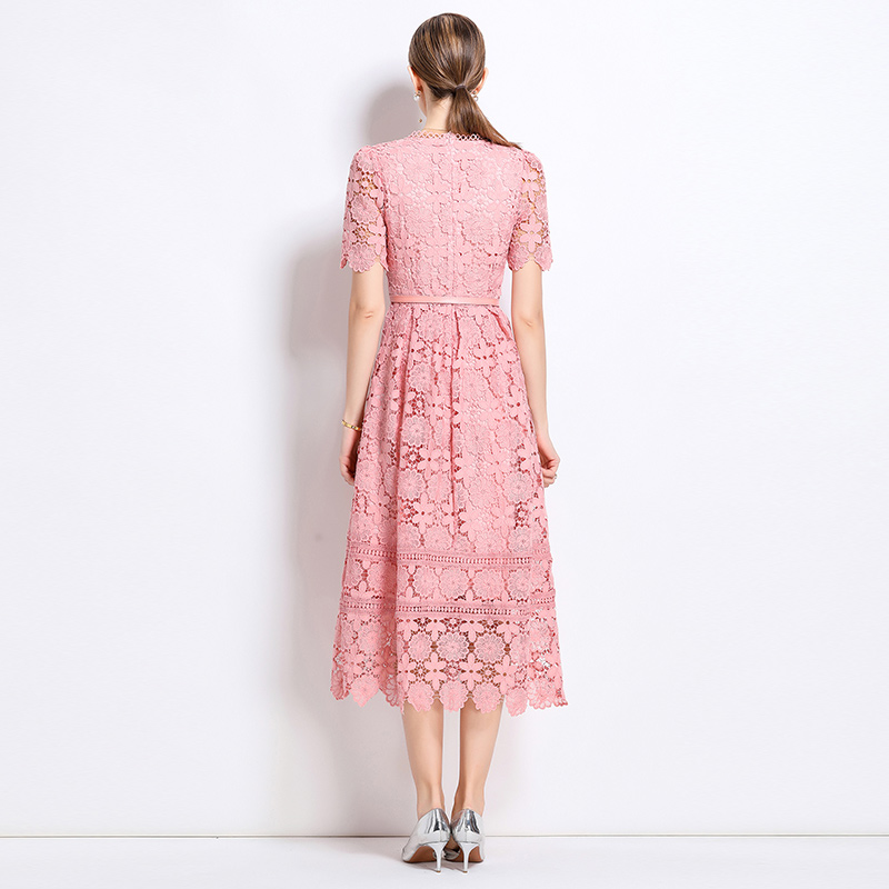 Slim lace hollow long short sleeve dress