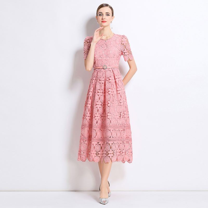 Slim lace hollow long short sleeve dress