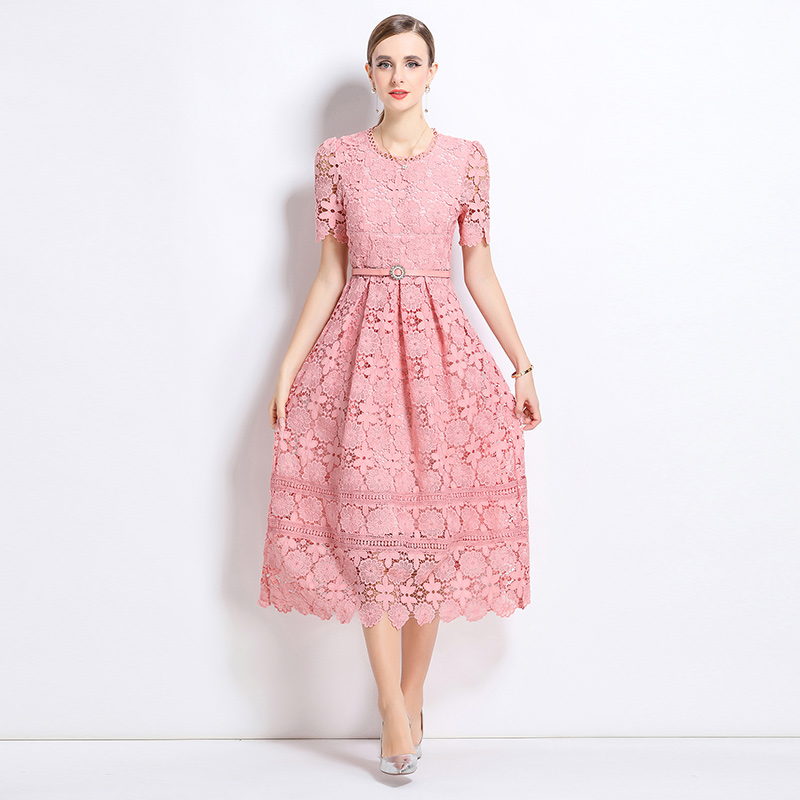 Slim lace hollow long short sleeve dress