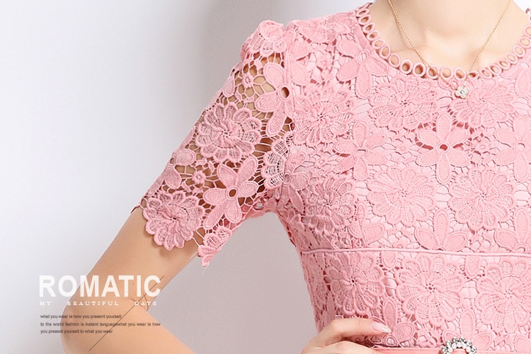 Slim lace hollow long short sleeve dress