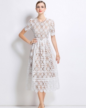 Hollow lace slim long short sleeve dress
