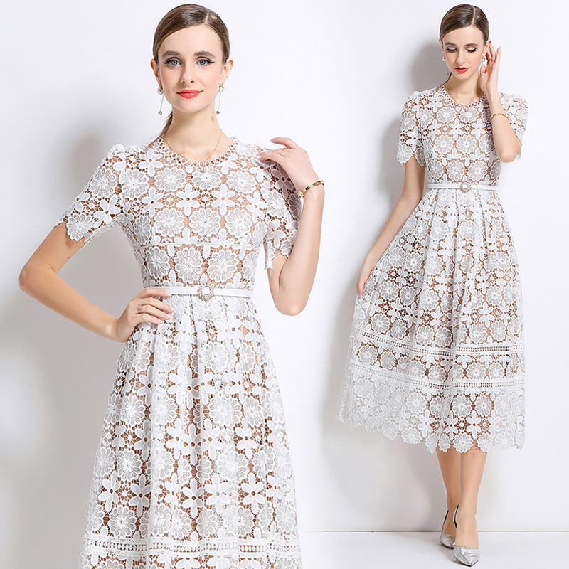 Hollow lace slim long short sleeve dress