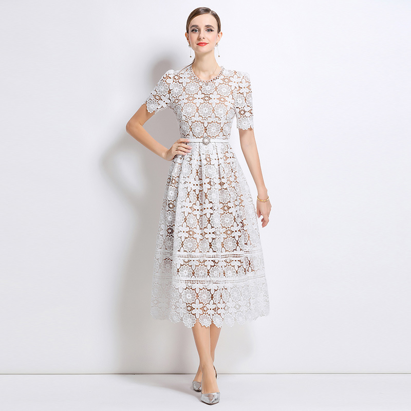Hollow lace slim long short sleeve dress