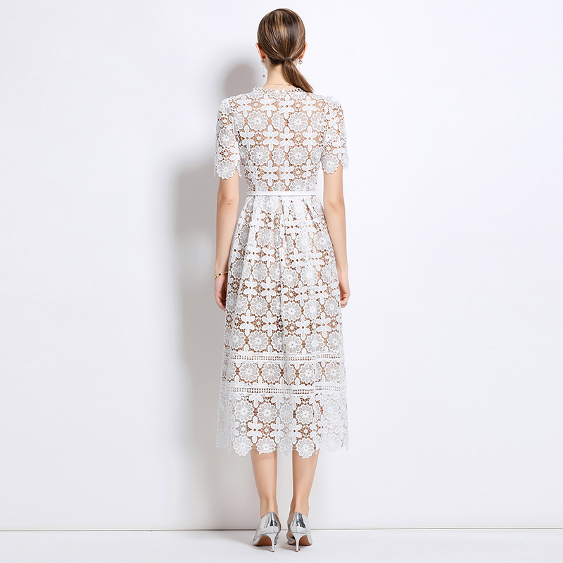 Hollow lace slim long short sleeve dress
