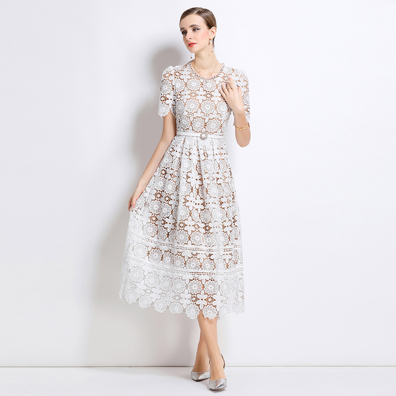 Hollow lace slim long short sleeve dress