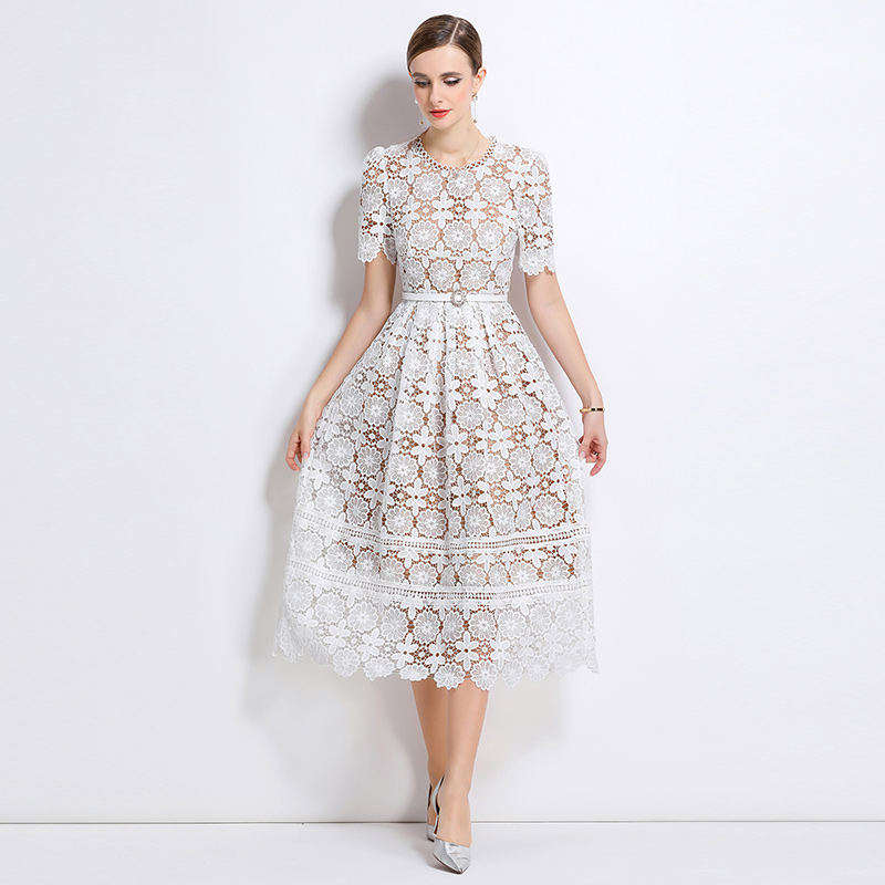 Hollow lace slim long short sleeve dress