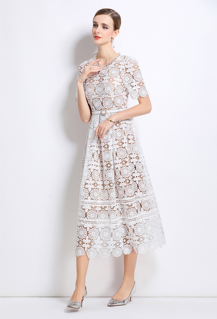 Hollow lace slim long short sleeve dress