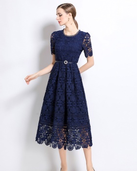 Slim long lace short sleeve hollow dress