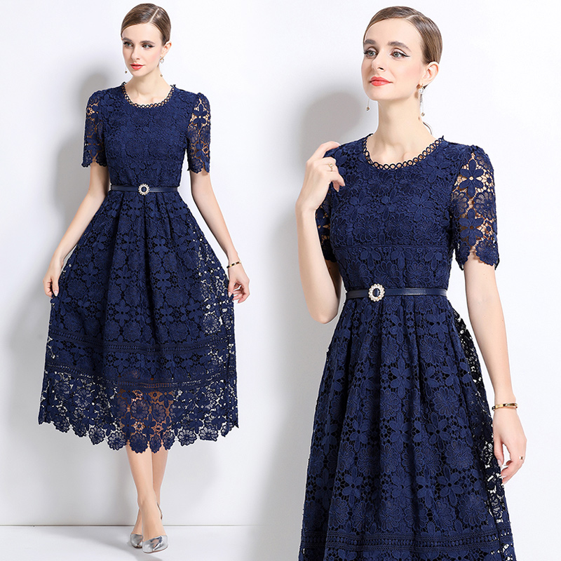 Slim long lace short sleeve hollow dress