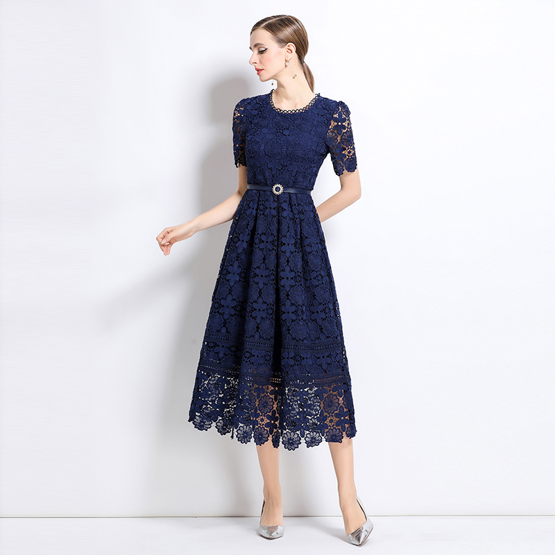 Slim long lace short sleeve hollow dress