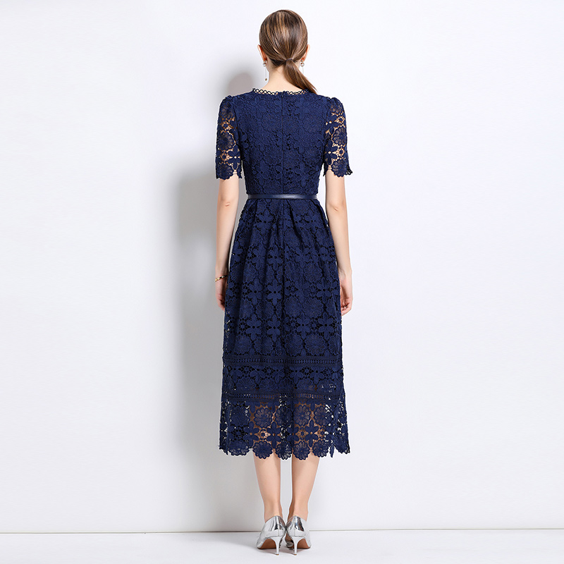 Slim long lace short sleeve hollow dress