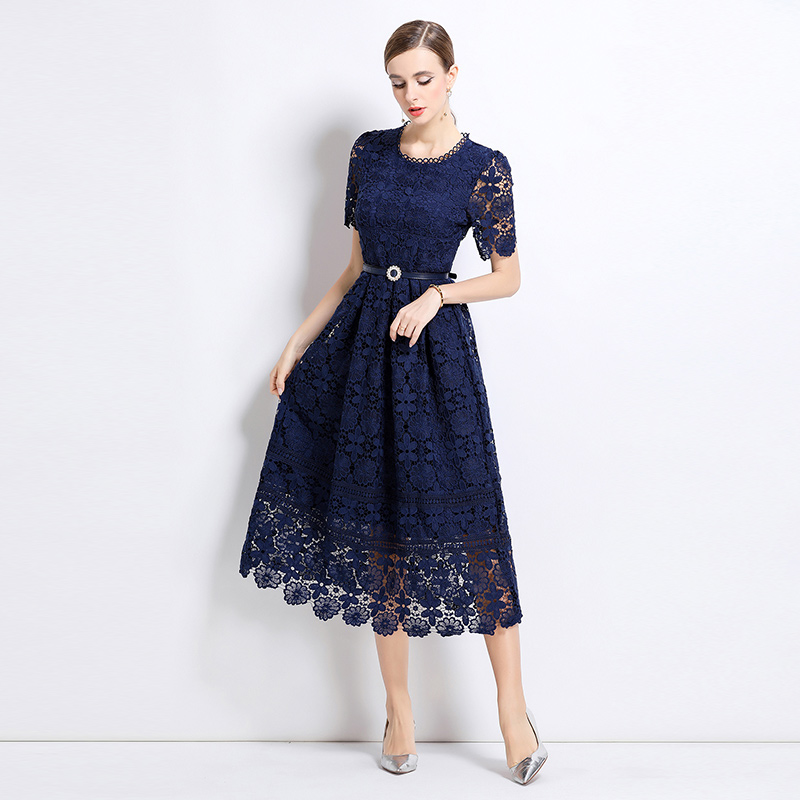 Slim long lace short sleeve hollow dress