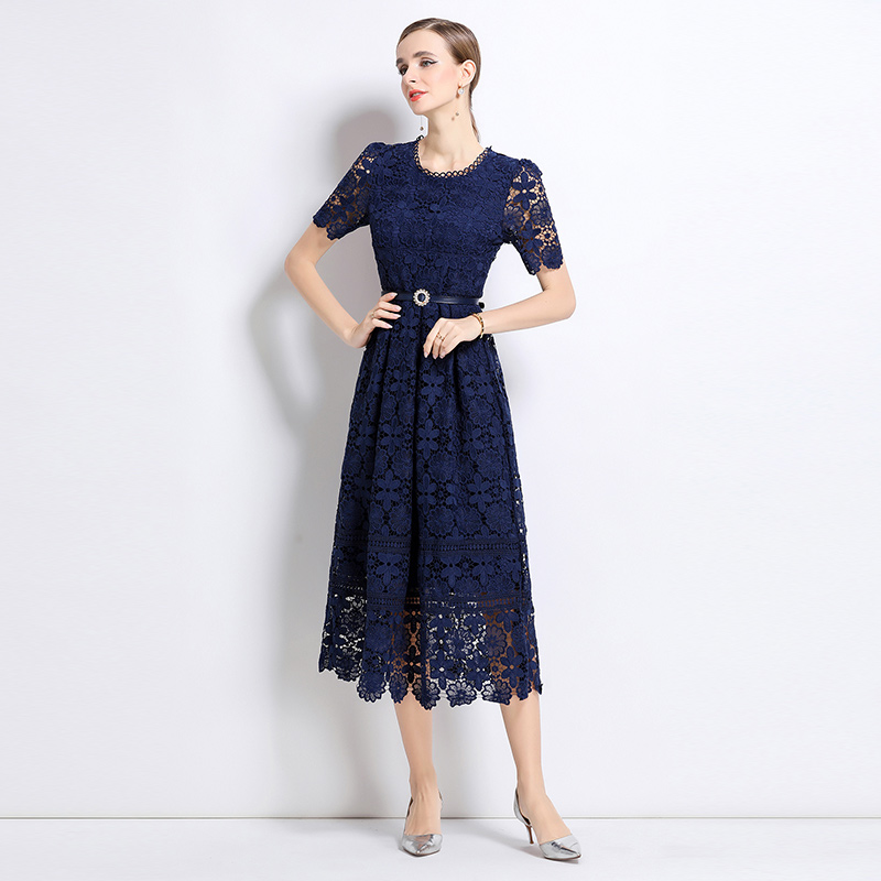 Slim long lace short sleeve hollow dress