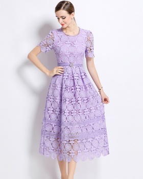 Short sleeve long lace slim hollow dress