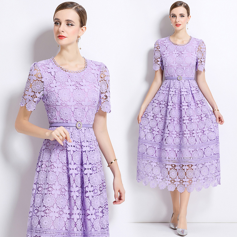 Short sleeve long lace slim hollow dress