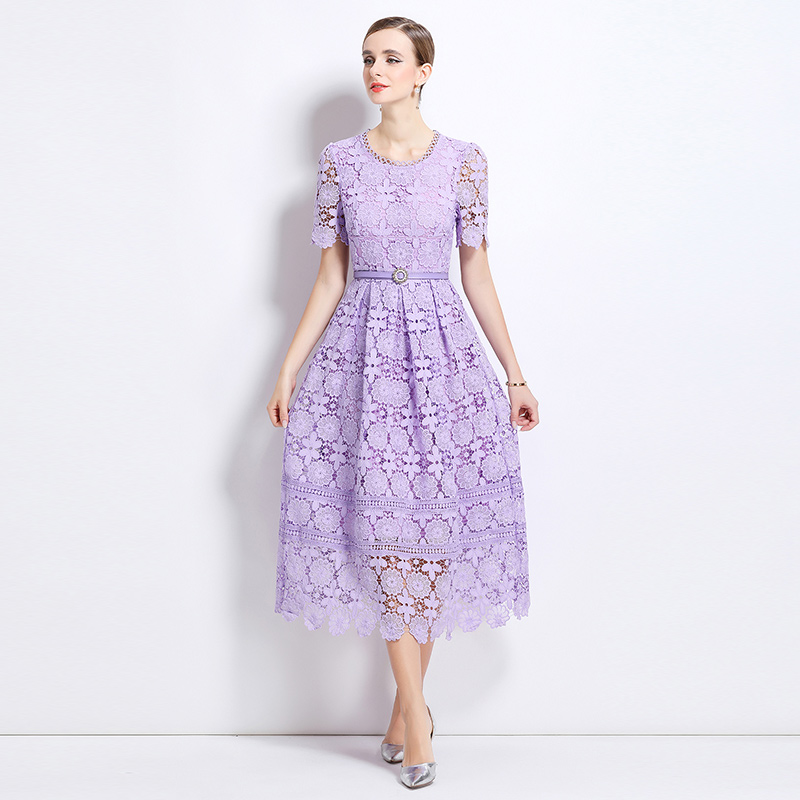 Short sleeve long lace slim hollow dress