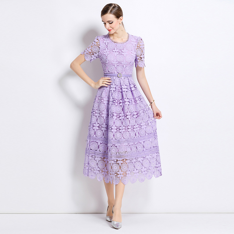 Short sleeve long lace slim hollow dress