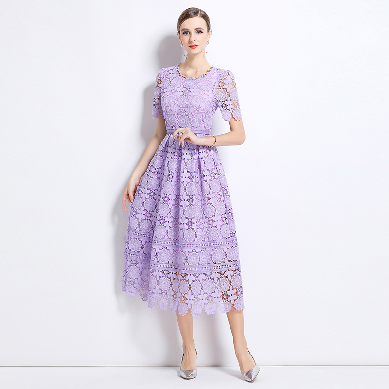 Short sleeve long lace slim hollow dress