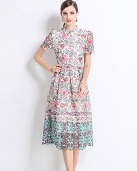 Fashion hollow long lace slim short sleeve dress