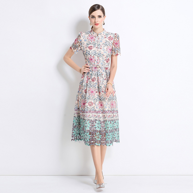 Fashion hollow long lace slim short sleeve dress