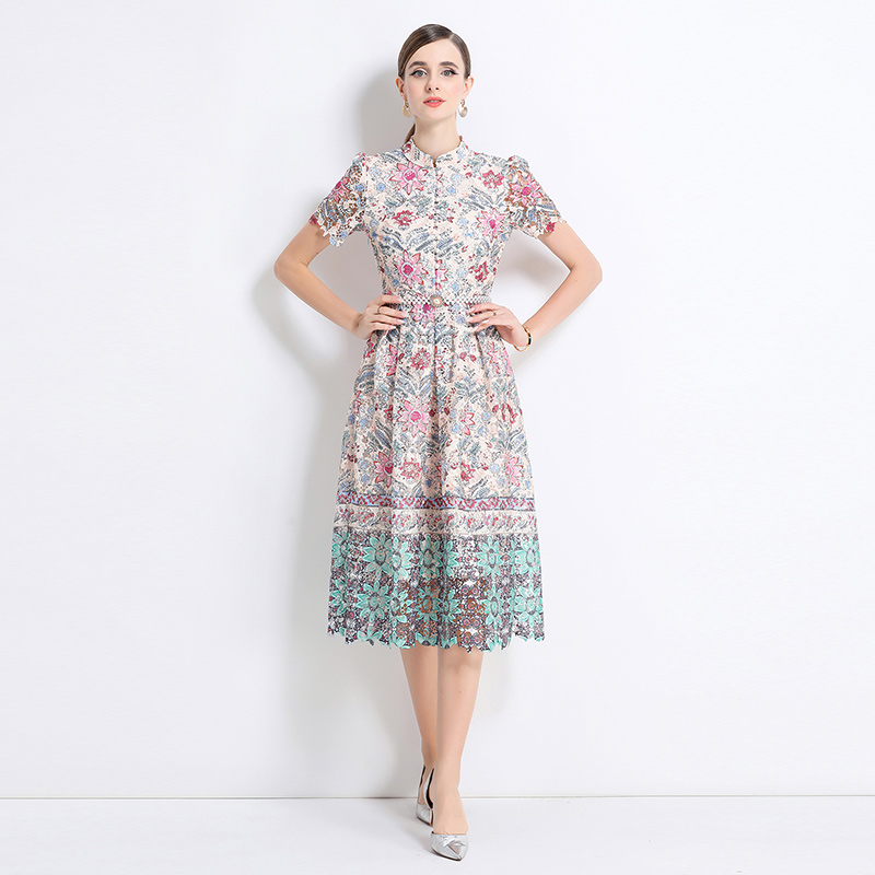 Fashion hollow long lace slim short sleeve dress