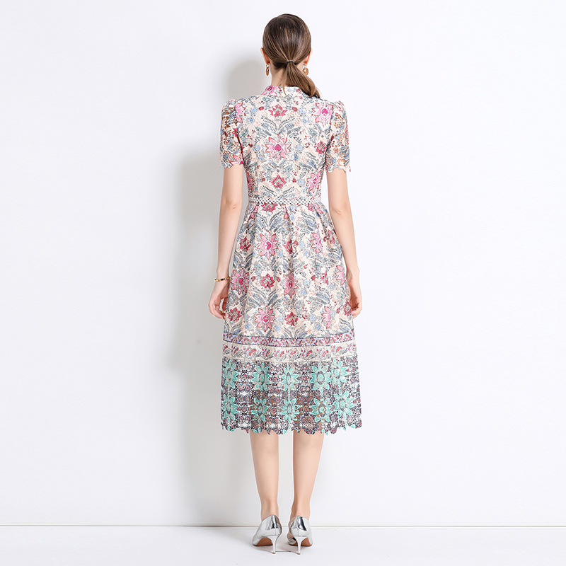 Fashion hollow long lace slim short sleeve dress