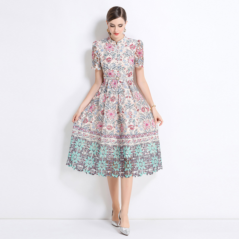 Fashion hollow long lace slim short sleeve dress