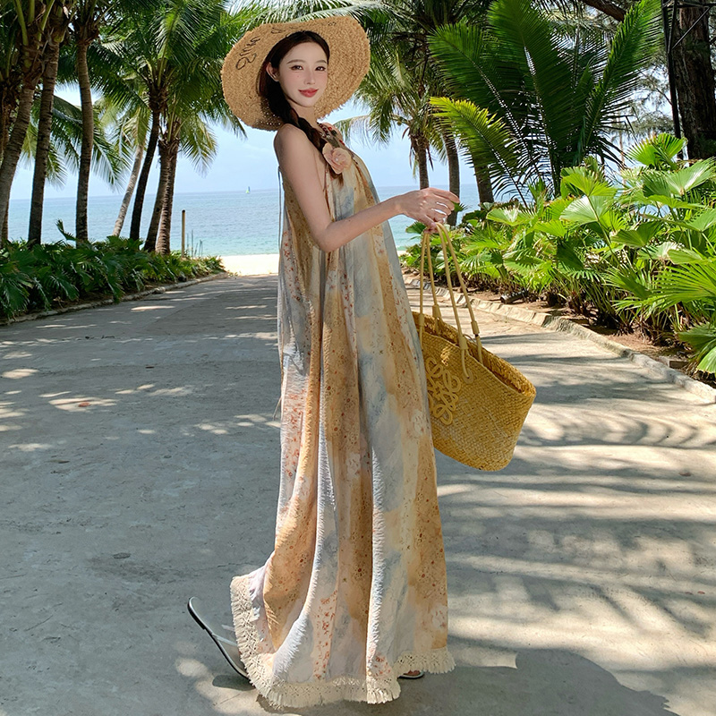 Crimp Bohemian style dress tassels strap dress for women
